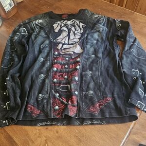 Skull-Embellished Gothic Black Long Sleeve Shirt with Red Accents Size M